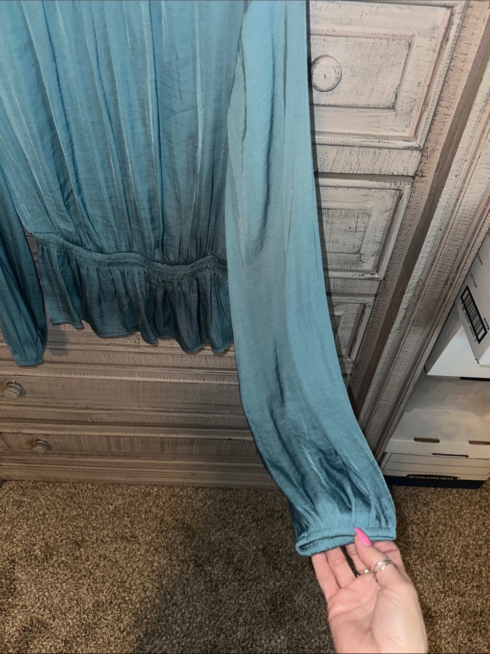 Nine West Slate Gray Long-Sleeve Ruffled Peplum Blouse - Picture 2 of 7